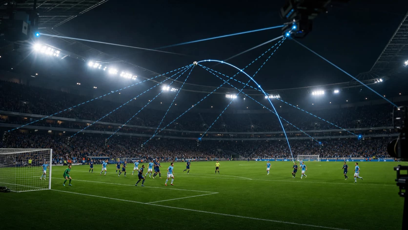 Synchronized football views converging on a three-dimensional ball trajectory