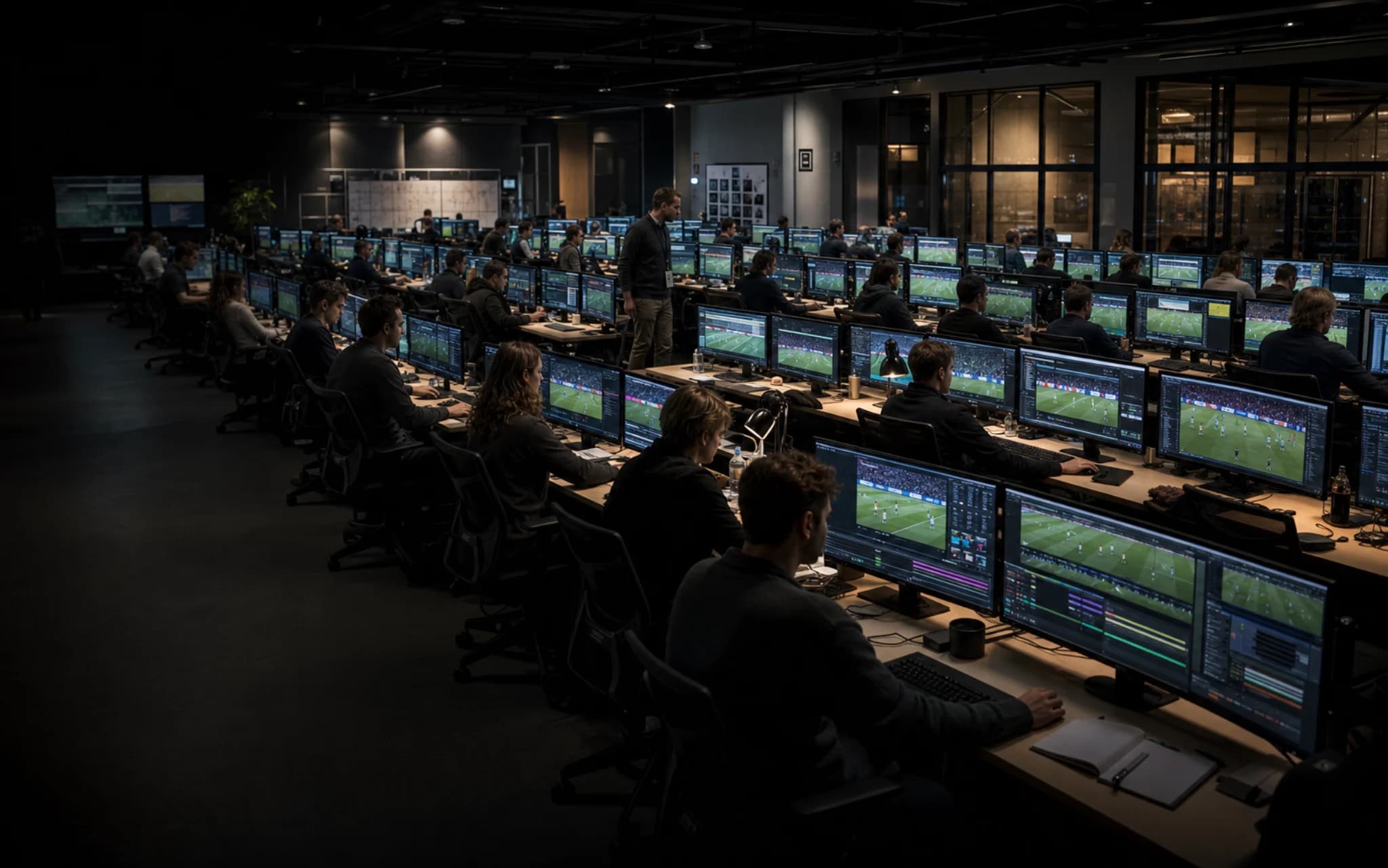 Dozens of football analysts manually reviewing and tagging match video at workstations